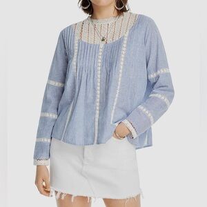 NWT LINI Women's Blue White Lace Long-Sleeve Cotton Blouse Shirt Top Size 0 188$